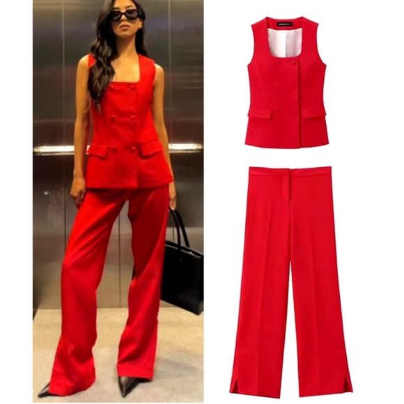 Zara 2 PC Set Lined Button Vest & Pants Red - Picture 2 of 16
